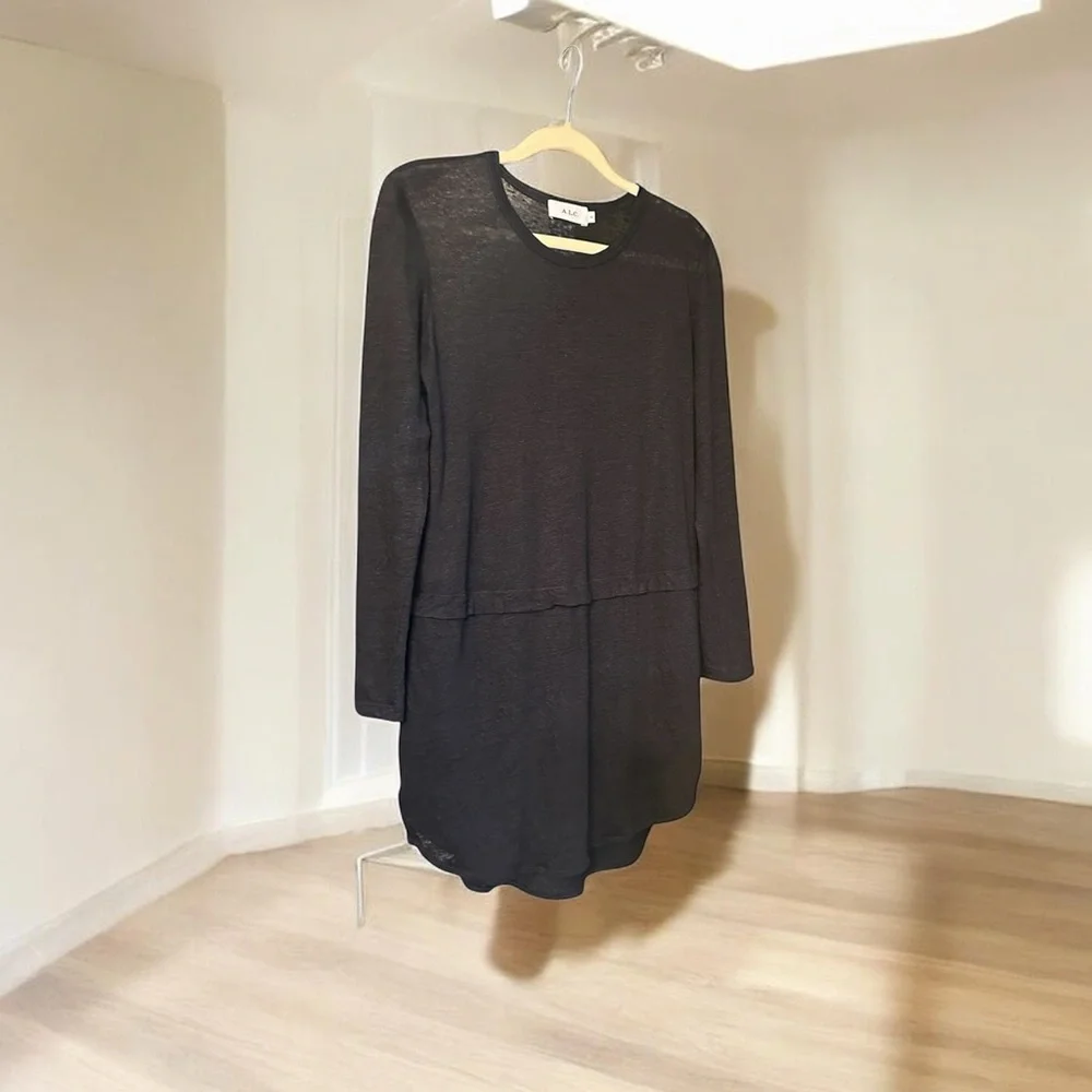 A.L.C. Black Linen Sheer Long Sleeve Dress XS Lined High Low Hem - Picture 1 of 7